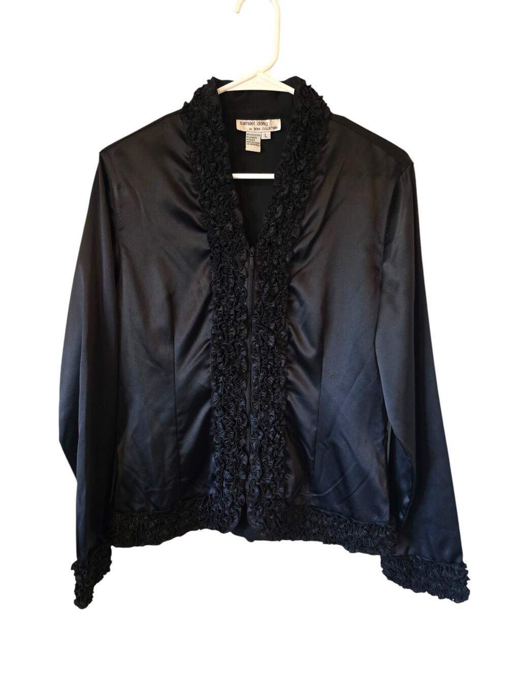 Samuel Dong Womens Satin Ruffle Front Full Zip Evening Jacket Size Large Black